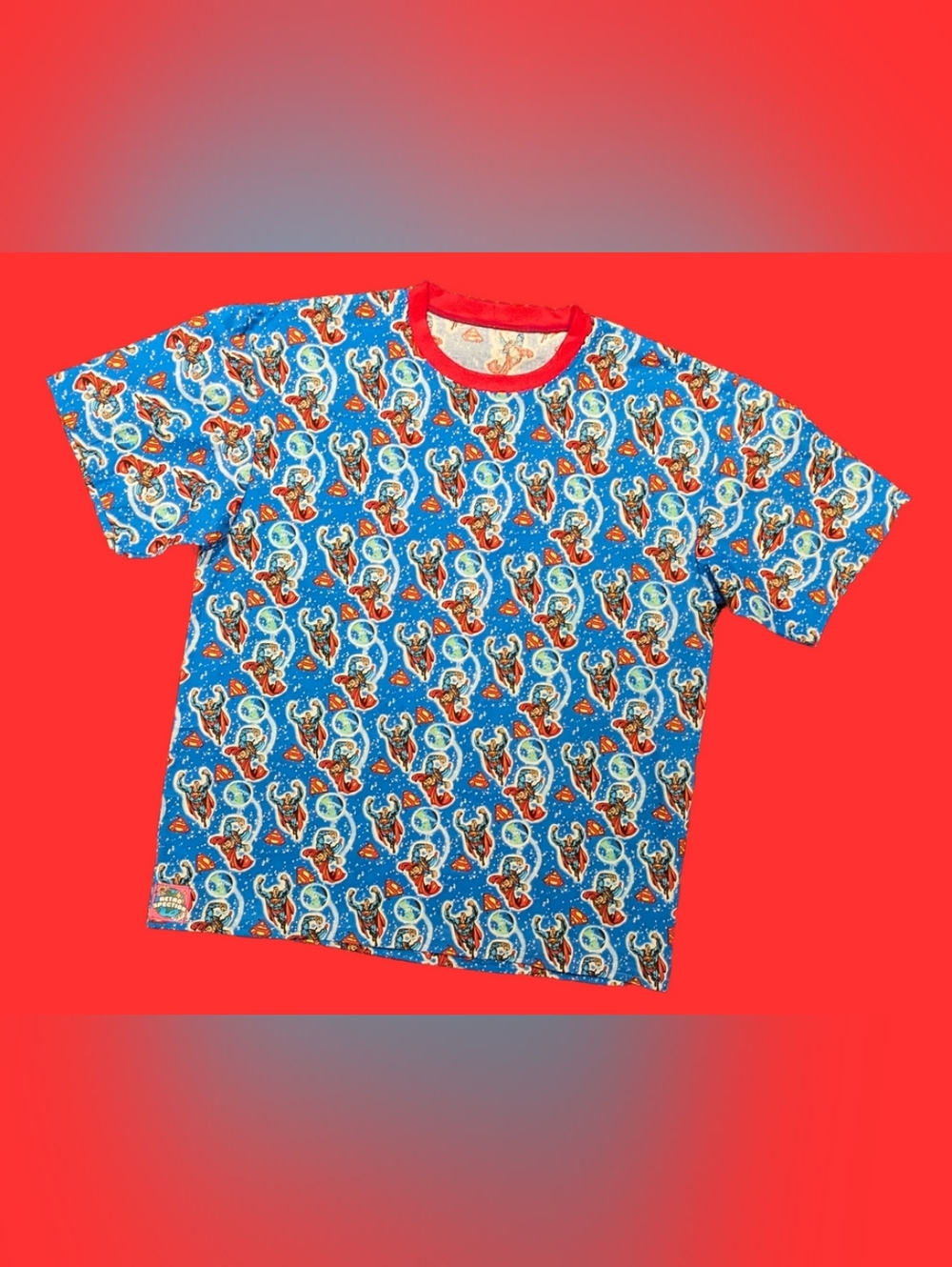 Handmade, Upcycled Superman Comic Books Fabric T-Shirt Size M